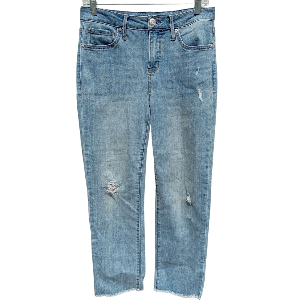 Seven7 Tower Straight Crop Classic Blue Distressed Women Jeans Raw Hem Size 4
